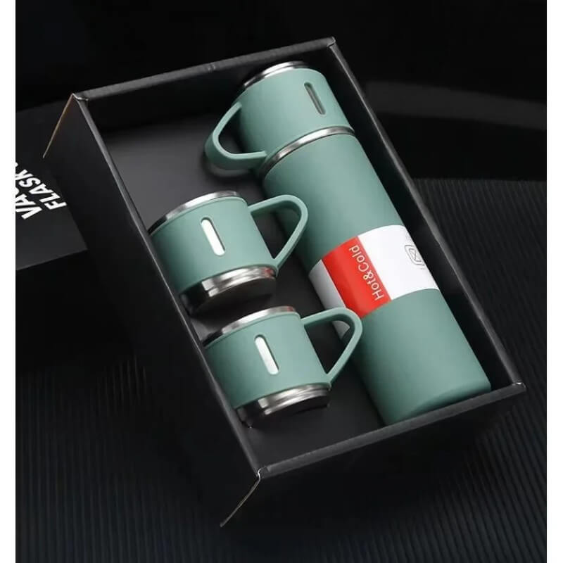 Vacuum Flask Set for Hot and Cold || Stainless Steel  || Insulated Flask with 3 Steel Cups (Assorted Colors)